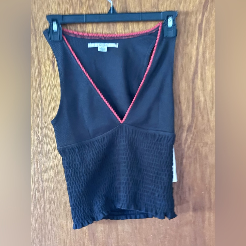 Kimchi Blue black vneck smocked cropped  Top with red Trim Medium NWT